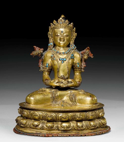 AN UNUSUAL GILT COPPER ALLOY FIGURE OF VAJRADHARA. South Tibet, 17th c. Height 16 cm.