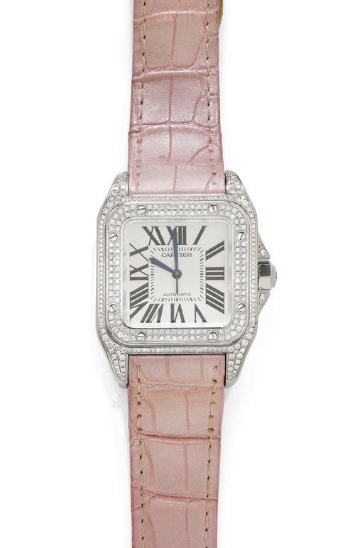 DIAMOND LADY'S WRISTWATCH, AUTOMATIC, CARTIER SANTOS 100. White gold 750. Octagonal case No. 326733CE 2881 with screw-down back, diamond-set crown and brilliant-cut diamond-set lunette weighing ca. 1.50 ct. Silver-coloured, textured dial with Roman numerals and blued hands, central second hand, signed. Automatic, Cal. 076, signed. Pink leather band with fold-over clasp. D 44 x 33 mm.