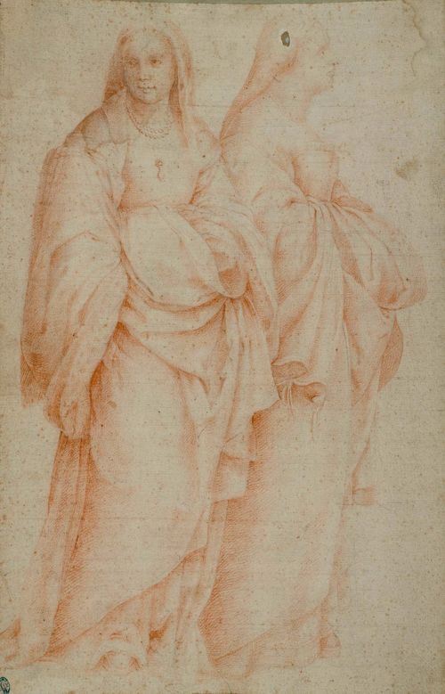FLORENTINE SCHOOL, END OF THE 16TH CENTURY Two standing women, the figure on the left almost facing, the figure on the right in profile to the right. Red chalk drawing. 36.4: x 24.3 cm. Provenance: -collection of G. Vallardi (1784-1863), Lugt 1223 - Private collection Munich