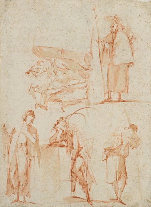 Attributed to CALLOT, JACQUES (1592 Nancy 1635) Studies of different figures. Verso: two studies of hands and four putti. Red chalk and red-brown wash. On laid paper with watermark: single contour circle with flower in the centre. 26.9 x 20 cm. Framed. Provenance: - collection of Count G.Strogonoff. Sold in Rome, 18.-23. April 1910 No. 392 as Callot - Private collection, Switzerland