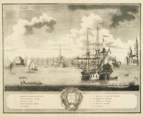 RUSSIA - ST.PETERSBURG.-Ottmar Elliger (Hamburg 1666 - 1735 St. Petersburg). Prospect de l'Amiraute du Cote de la Riviere, 1729. Copper engraving, 51 x 68 cm. – Fine strong and even impression. The broad margins with tears and small paper losses. The images in good condition. - Rare.