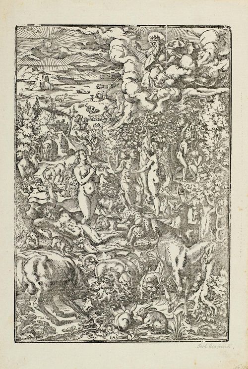 AMMAN, JOST (Zurich 1539 - 1591 Nurnberg).The story of Adam and Eve. From: Opera Josephi. Wood cut, 27.2 x 18.7 cm. Bartsch 15; Hollstein 25; Andresen 25. – Even, somewhat weaker impression with margin around the outer line. Some older annotations in pencil on the lower edge of the sheet and verso. Good condition.
