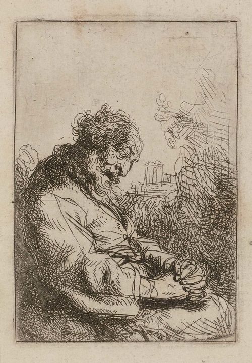 Attributed to WILLMANN, MICHAEL (Königsberg 1630 - 1706 Kloster Leubus/Schlesien), An old man sleeping in a chair. Etching, 10.2 x 7 cm. Nagler 17. – Fine, strong and clear impression with broad margin. Small tears in margin, one tear (ca. 1 cm) in left margin outside the image. Slight traces of handling. Overall good condition. Rare.