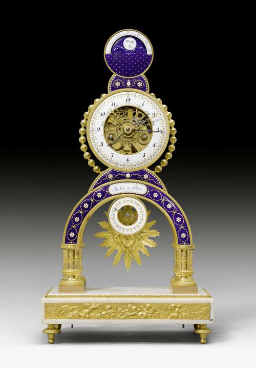 MANTLE CLOCK WITH SKELETON MOVEMENT, MOON PHASE AND DATE, Louis XVI, the cartouche signed RIDEL A PARIS (probably Laurent Ridel, active from ca. 1770 onwards), the enamel painting attributed to J. COTEAU (Joseph Coteau, Geneva 1740-1801 Paris) , Paris ca. 1780. Gilt bronze, white marble and exceptionally fine enamel. Fine enamel dial ring with Arabic hours and minutes, date and days of the week in French, as well as planet symbols. 5 fine hands. On top: window with moon phase. Fine brass movement striking the 1/2-hours on bell. Large sun pendulum. Fine mounts and applications. Requires servicing. 27x15.5x50 cm.
