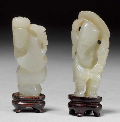 TWO SMALL CELADON JADE FIGURES.