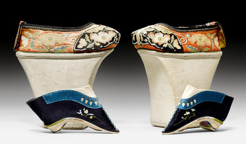 TWO PAIRS OF EMBROIDERED SILK WOMEN'S SHOES.