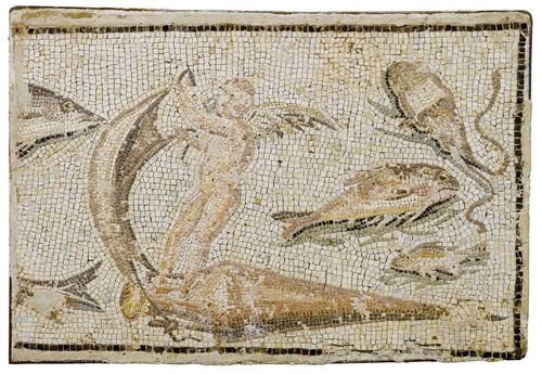 MOSAIC PANEL,Roman, probably 3rd/4th century AD. Depiction of Eros, sailing on an amphora, surrounded by fish and kraken. Some losses. H 62 cm. W 94 cm.