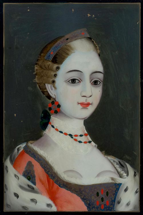 A REVERSE GLASS PAINTING OF A EUROPEAN LADY IN COLOURS WITH GOLD.
