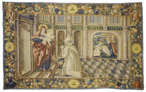 TAPESTRY "LA VISION DE SAINT BERNARD",known as a "tapisserie au point brodee", Renaissance, France circa 1600/20. "Monstra te esse matrem". H 280 cm. W 430 cm. Provenance: from a French collection. A highly important tapestry in good condition; expertise carried out by Cabinet Dillee, Guillaume Dillee/Simon Pierre Etienne, Paris 2012.