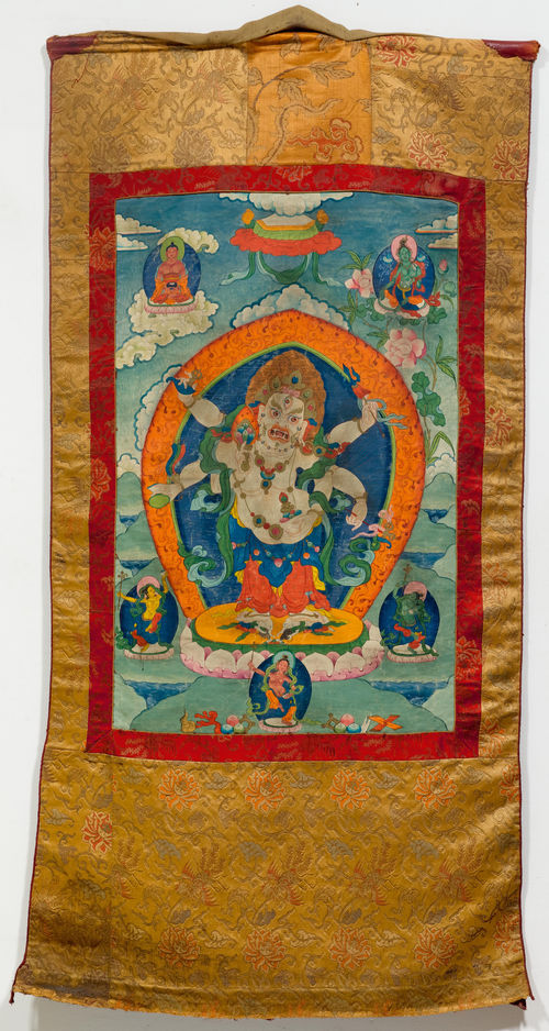 THANGKA OF THE WHITE MAHAKALA WITH THE GREEN TARA AND BUDDHA AMITABHA.