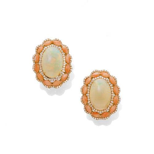 OPAL AND CORAL CLIP EARRINGS.