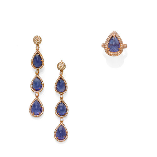 TANZANITE AND DIAMOND EARRINGS AND RING.