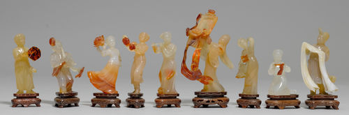 NINE AGATE FIGURES DANCING AND MUSIC-MAKING.