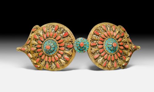 A MAGNIFICENT CORAL-SET AND ENAMELLED SILVER-GILT BELT BUCKLE.