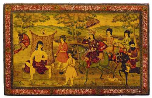 A LACQUERED PAPIER-MÂCHÉ PANEL DECORATED WITH KHOSROW AND SHIRIN.