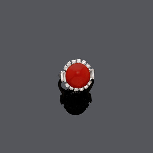 CORAL AND DIAMOND RING, ca. 1950.