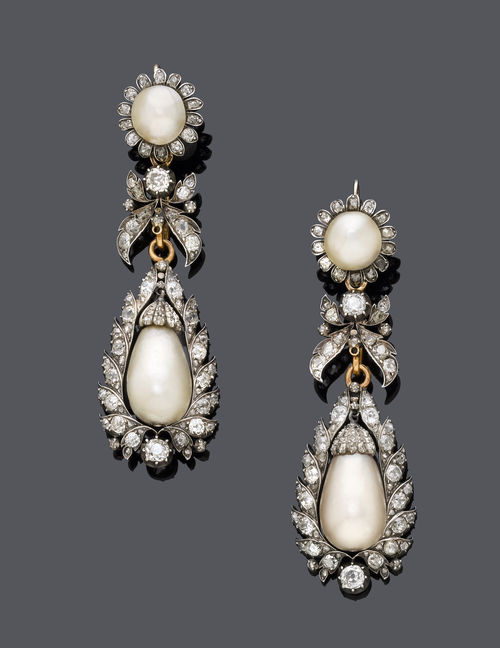NATURAL PEARL AND DIAMOND EAR PENDANTS, probably Italy, ca. 1880 ...