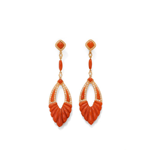 CORAL AND DIAMOND EARRINGS.