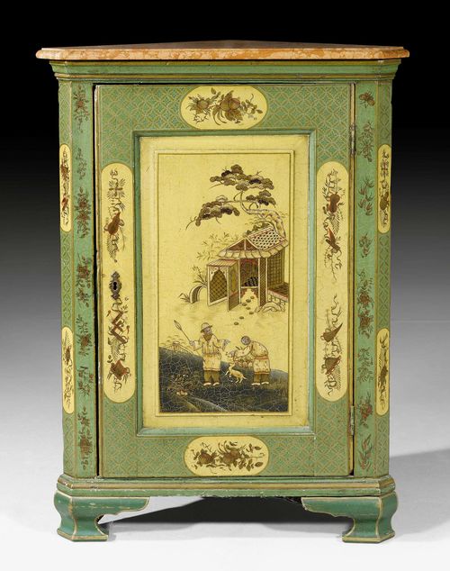 PAINTED ENCOIGNURE "AUX CHINOIS",Louis XV, probably Venice, 18th/19th century. Shaped and polychrome painted wood. Triangular body with 1 door. Bronze mounts. "Rosso di Verona" top. 70x42x100 cm.
