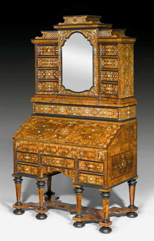 IMPORTANT SECRETAIRE WITH UPPER SECTION,Baroque, by L.H. ROHDE (Ludwig Heinrich Rohde, 1673-1755), Mainz circa 1725/26. Walnut, burlwood and various precious woods in veneer with exceptionally fine, engraved ivory inlays. Fall-front writing surface above central drawer, flanked by 2 stacked drawers on each side. Fitted interior of drawers. Secret compartment with 4 additional drawers. The upper section with mirrored central door. Interior with 3 shelves. Central locking. Gilt bronze mounts and drop handles. With inventory stamp PH 197 under crown. 107x61x(open 89)x194 cm. Provenance: - Collection of Princess Dorothea of Hohenlohe-Schillingsfuerst (1872-1954). - Collection of Countess Maria of Lamberg. - R. Kremayr collection, Vienna. Illustrated and described in detail in: F. Windisch-Graetz, Neues zum Werk von Ludwig Heinrich Rohde, in: Alte und moderne Kunst 177 (1981); p. 20-23.