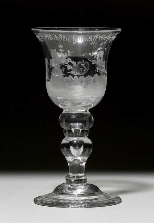 GLASS GOBLET WITH ENGRAVED DECORATION AND MOTTO,