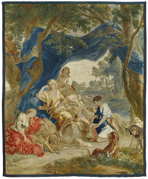TAPESTRY "LE TRIOMPHE DE DIANE",from the series "Triomphes des Dieux et Deesses", Regence, attributed to I.V.D. BORGHT (Jasper van der Borght, active 1684-1742, or son Johann Franz van der Borght, active 1742-1774), after designs by J. VAN ORLEY (Jan van Orley, Brussels 1665-1735) and A.A. COPPENS (Aurele Augustin Coppens, 1668-1740), Brussels circa 1720/40. Shortened. H 330 cm, W 270 cm.