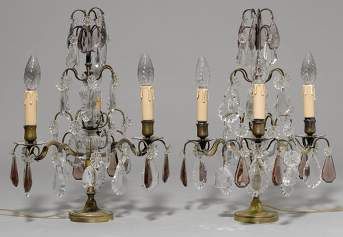 PAIR OF CANDELABRAS WITH CRYSTAL GLASS HANGINGS,