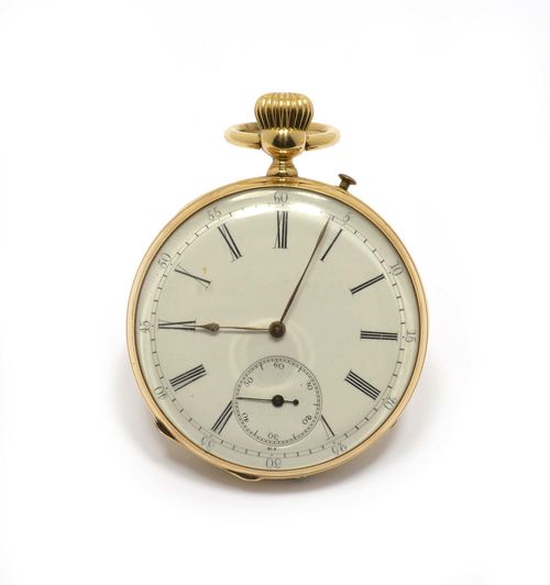 POCKET WATCH, ca. 1890. Yellow gold 750, 80g. Round case No. 19486 with engine-turned back. Enamelled dial with Roman numerals and gold-coloured hands, outer minute division, small second at 6h. Glass with depression, dust cover metal. Lever escapement with flat spiral and bimetallic balance, oxidized. Does not run: resinified. D 45mm. With case.