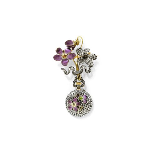 ENAMEL AND DIAMOND PENDANT WATCH, CH. FONTANA & Co., Paris, ca. 1890. Yellow gold, pink gold, and silver. Charming, rare mini pendant watch. Case No. 2, set throughout with numerous rose-cut diamonds and appliqued, polychrome enamelled violet motif. Diamond-set, rotatable pendant. The gold lunette blue-enamelled with the saying "Que chaque heure soit heureuse". Enamelled dial with Arabic numerals painted in violet and gold-coloured hands. Dust cover signed, French marks, cylinder movement. Removably mounted on a fine brooch with enamelled violets and set throughout with numerous rose-cut diamonds. D 20 mm.