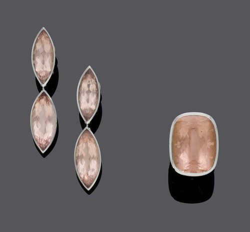 MORGANITE AND GOLD EAR PENDANTS WITH RING, by MAJO FRUITHOF.