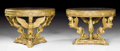 PAIR OF IMPORTANT CENTER TABLES,Empire/Restauration, Rome circa 1810/30. Pierced and exceptionally finely carved gilt wood. Red/grey speckled marble top. Some losses. D 116 cm, H 86 cm. Provenance: - Semenzato Venice auction, 3.12.1984. - West Swiss castle collection. - Galerie Koller Zurich auction on 10.12.2004 (Lot No. 1230). - From a Roman collection.