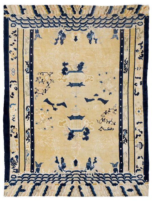 CHINA antique.Beige central field patterned with plants and animals in shades of blue, wide border with trailing flowers, signs of wear, 240x290 cm.
