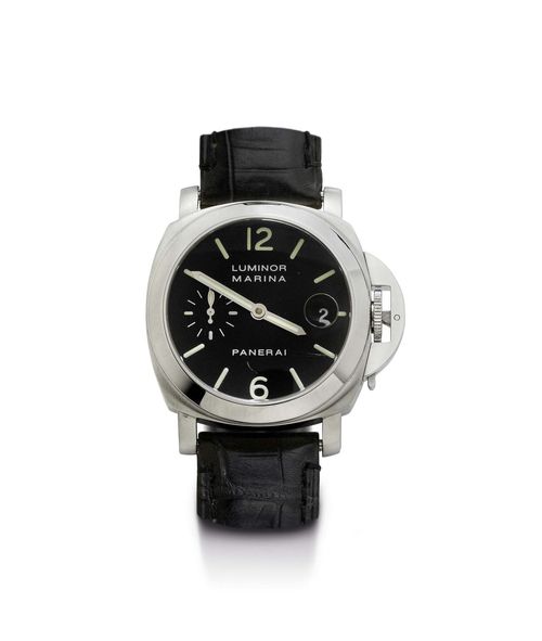 GENTLEMAN'S WRISTWATCH, AUTOMATIC, PANERAI LUMINOR MARINA. Steel. Ref. OP6529, limited series C2107/ 5000. Steel case No. BB1000354 with crown protector. Black dial with luminous numerals, indices and hands, small second at 9h, date with magnifying glass at 3h. Automatic, movement No. 204671, Cal. 7750-P1, with Glucydur balance, signed. Black, original leather band with fold-over clasp. D 48 x 40 mm.