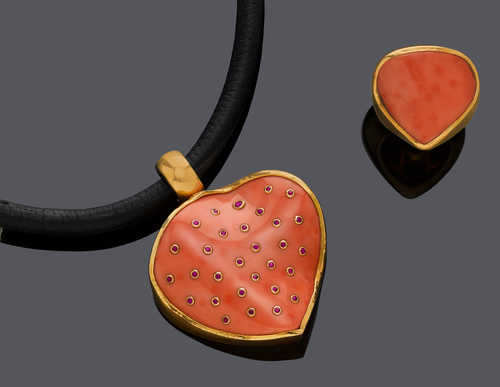 CORAL AND RUBY PENDANT WITH CORAL RING, by MAJO FRUITHOF.