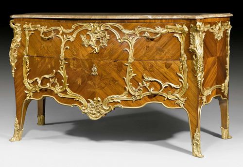 LARGE COMMODE "A FLEURS",Louis XV style, attributed to J.E. ZWIENER (Joseph Emmanuel Zwiener, born 1849), Paris circa 1880. Purpleheart and rosewood finely inlaid in "bois de bout". The front with 2 drawers sans traverse. Rich, matte and polished gilt bronze mounts. Shaped "Napoleon Grand Melange" top. 155x64x94 cm.