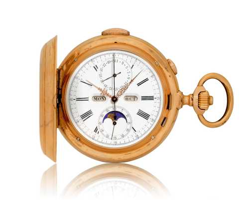 Le Phare chronograph pocket watch with minute repeater and calendar, ca 1900.