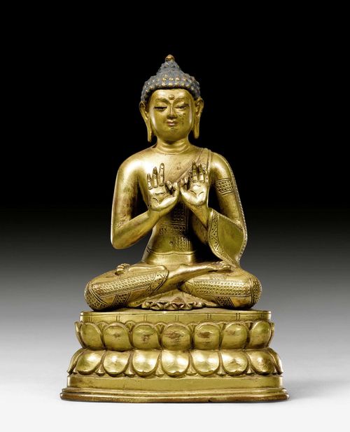 A GILT COPPER FIGURE OF ONE OF THE 35 BUDDHAS OF CONFESSION. Tibet, 19th c. Height 20 cm. Engraved no. 18 on the back. Unsealed.