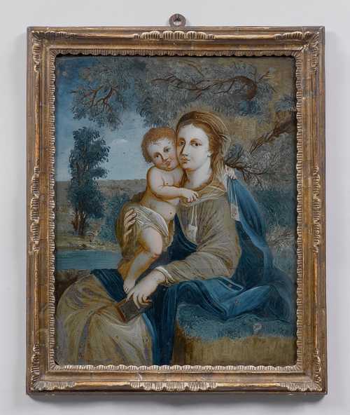 REVERSE GLASS PAINTING WITH MARY AND THE CHRIST CHILD,