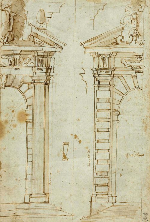 Circle of BUONTALENTI, BERNARDO (1531 Florence 1608), Studies of portals. Double-sided sheet. Pen and brush in brown. Inscribed in brown pen within the image. 27.5 x 19.5 cm (image). Framed. Provenance: - Baron H. von Geymüller (1839-1909), Lugt 1133