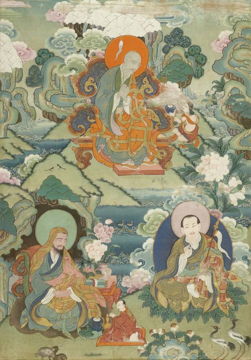 A THANKA WITH THREE OF THE SIXTEEN ARHATS. Tibet, 19th c. 60x43 cm. Without brocade. Framed under glass.
