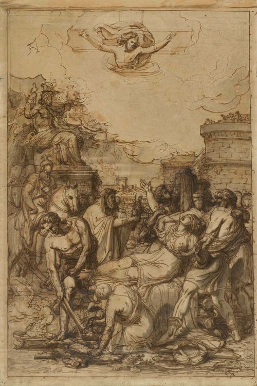 ITALIAN SCHOOL, BEGINNING OF THE 19TH CENTURY The martyrdom of Saint Agnes. Brown pen, brown and grey wash, over black chalk, on wove paper. 58 x 40 cm.