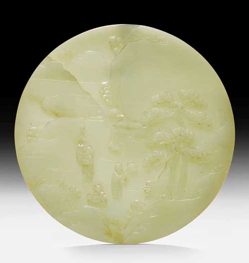 A PAIR OF EXQUISITELY IN RELIEF CARVED PALE CELADON AND CREAM JADE DISCS DECORATED WITH BOYS AT PLAY.