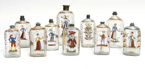 LOT OF 10 'FLÜELI' GLASS BOTTLES WITH ENAMEL PAINTING,