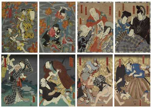 UTAGAWA KUNISADA I (TOYOKUNI III) (1786–1865): FOUR DIPTYCHA DISPLAYING KABUKI SCENES.
