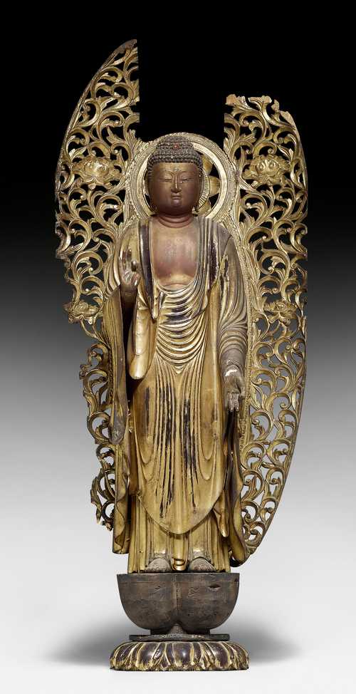 A LACQUER GILT WOOD FIGURE OF THE STANDING AMIDA NYÔRAI.