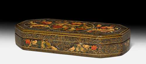 A SIGNED AND DATED QAJAR OCTAGONAL LAQUER CASKET.