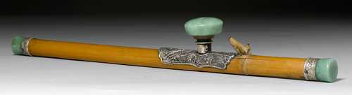 AN OPIUM PIPE OF BAMBOO, GLASS AND SILVER EMBOSSED WITH BAMBOO DECORATION.
