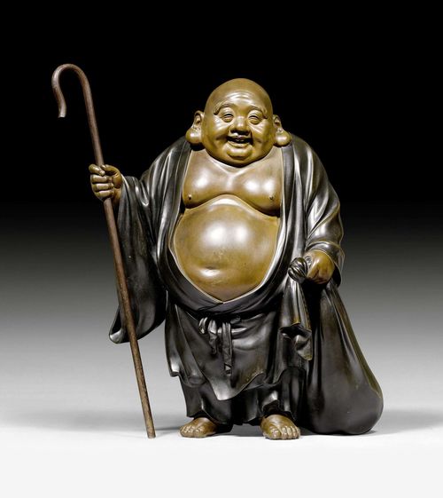 A LARGE AND AMUSING BRONZE FIGURE OF HOTEI. Japan, Meiji period, height 54 cm. Signed, seal.