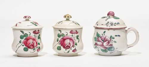 LOT OF THREE FAIENCE POTS AND COVERS, 'POTS À JUS',