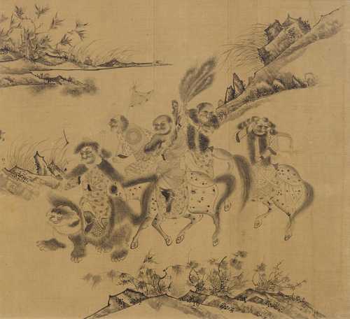 SEVEN ALBUM LEAVES WITH FIGURATIVE ILLUSTRATIONS. China, Qing Dynasty, 28x30 cm. Ink on silk. One sheet signed: Li Gonglin, with a seal. Framed under glass. (7)